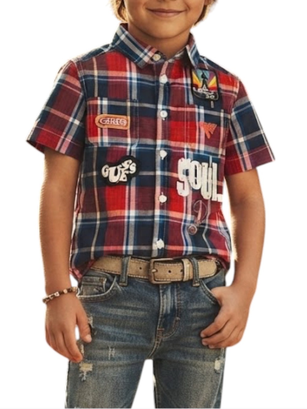 GUESS NWT Toddler Boys Red Navy Plaid Short Sleeve Shirt 2T